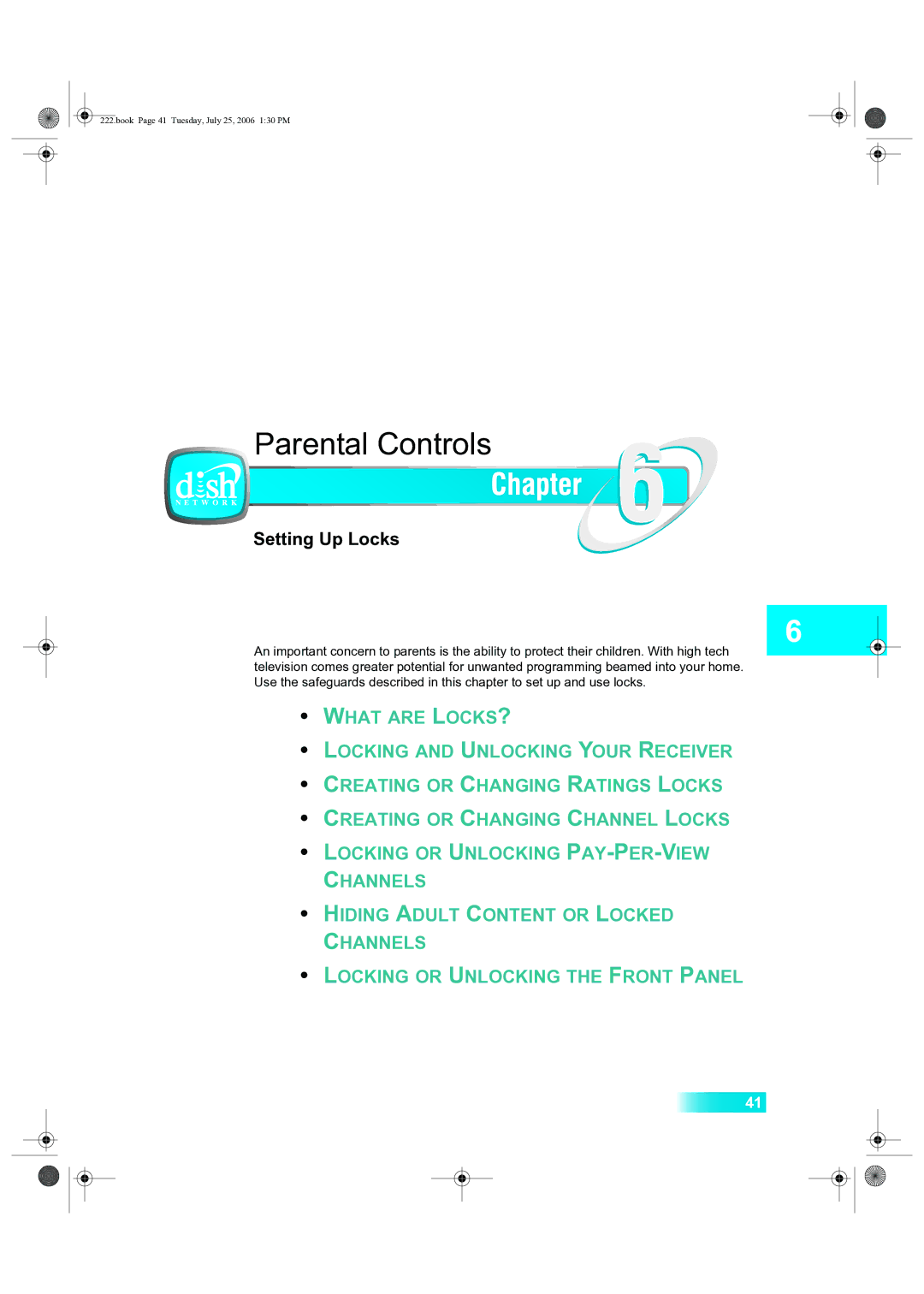 Dish Network 222 manual Parental Controls, Setting Up Locks 