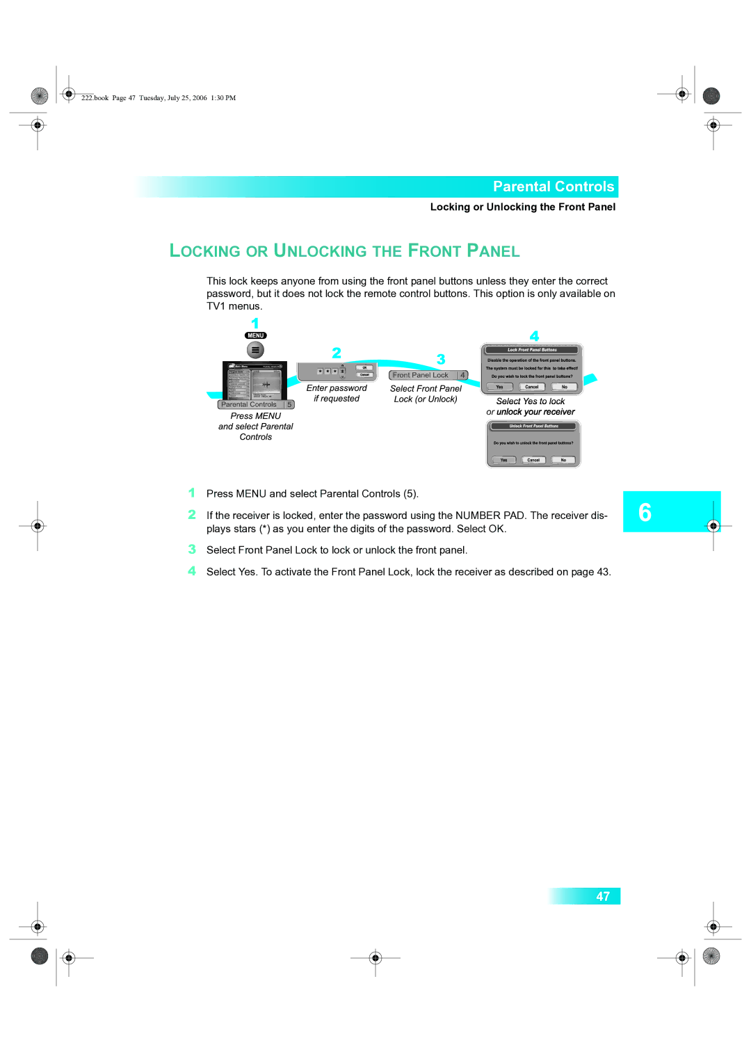 Dish Network 222 manual Locking or Unlocking the Front Panel 