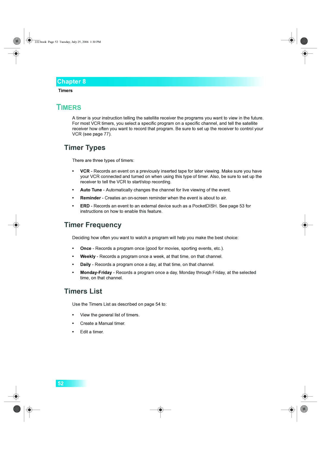 Dish Network 222 manual Timer Types, Timer Frequency, Timers List 