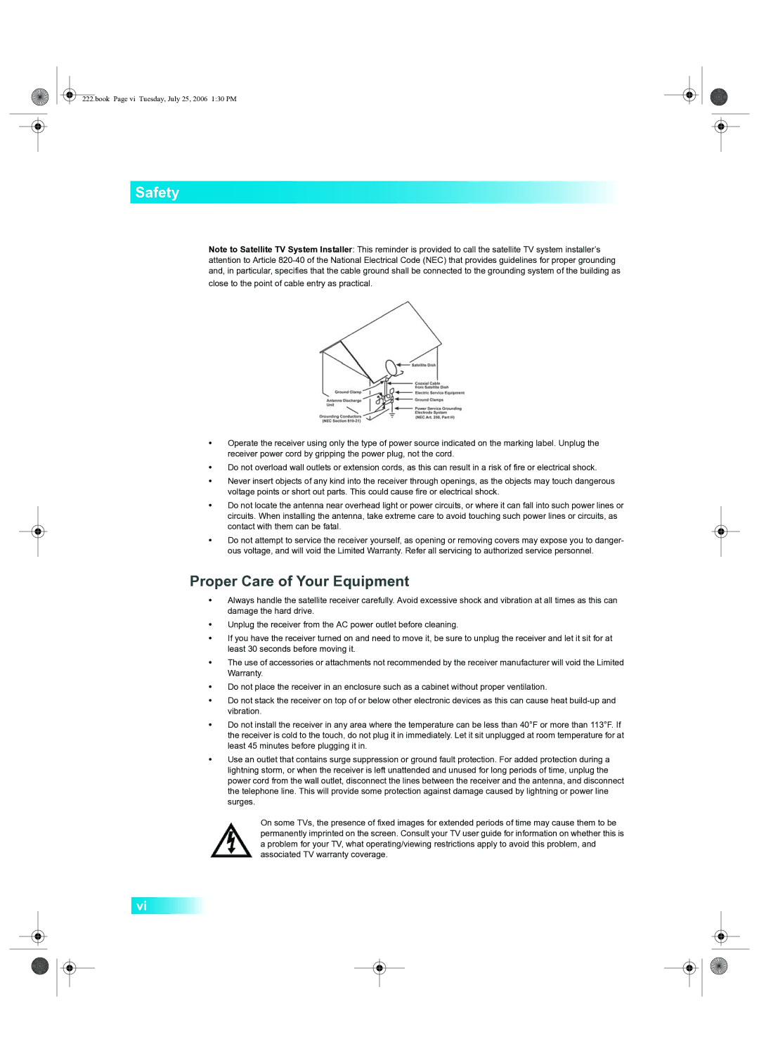 Dish Network 222 manual Safety, Proper Care of Your Equipment 