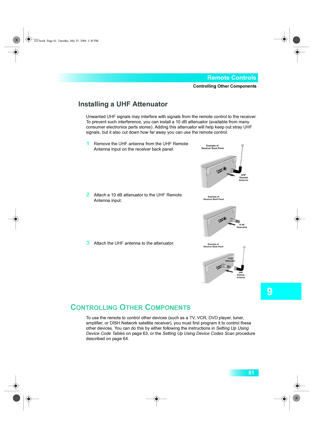 Dish Network 222 manual Installing a UHF Attenuator, Controlling Other Components 