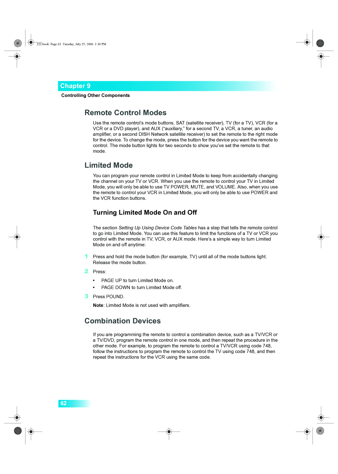 Dish Network 222 manual Remote Control Modes, Combination Devices, Turning Limited Mode On and Off 