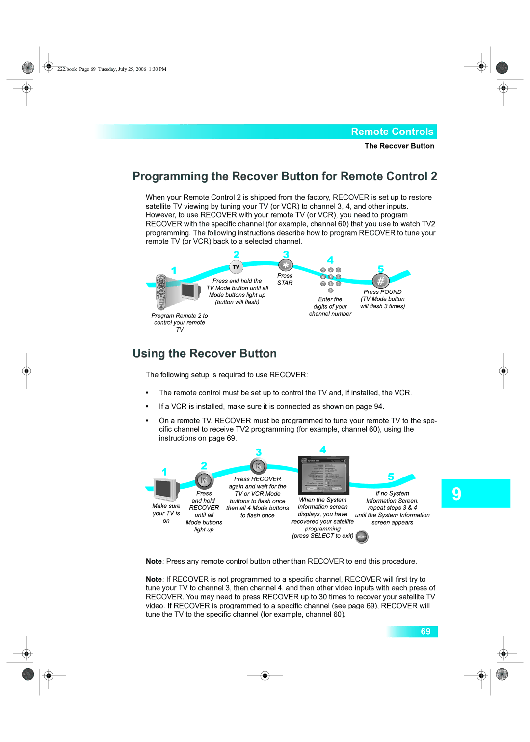 Dish Network 222 manual Programming the Recover Button for Remote Control, Using the Recover Button 