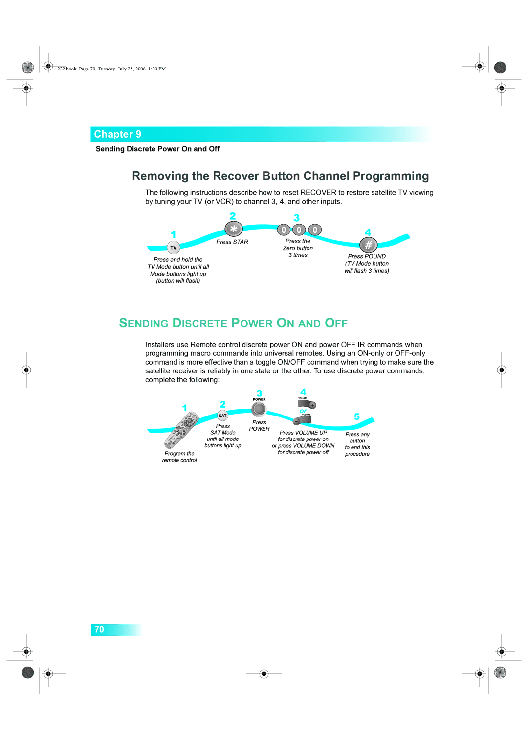 Dish Network 222 manual Removing the Recover Button Channel Programming, Sending Discrete Power On and Off 