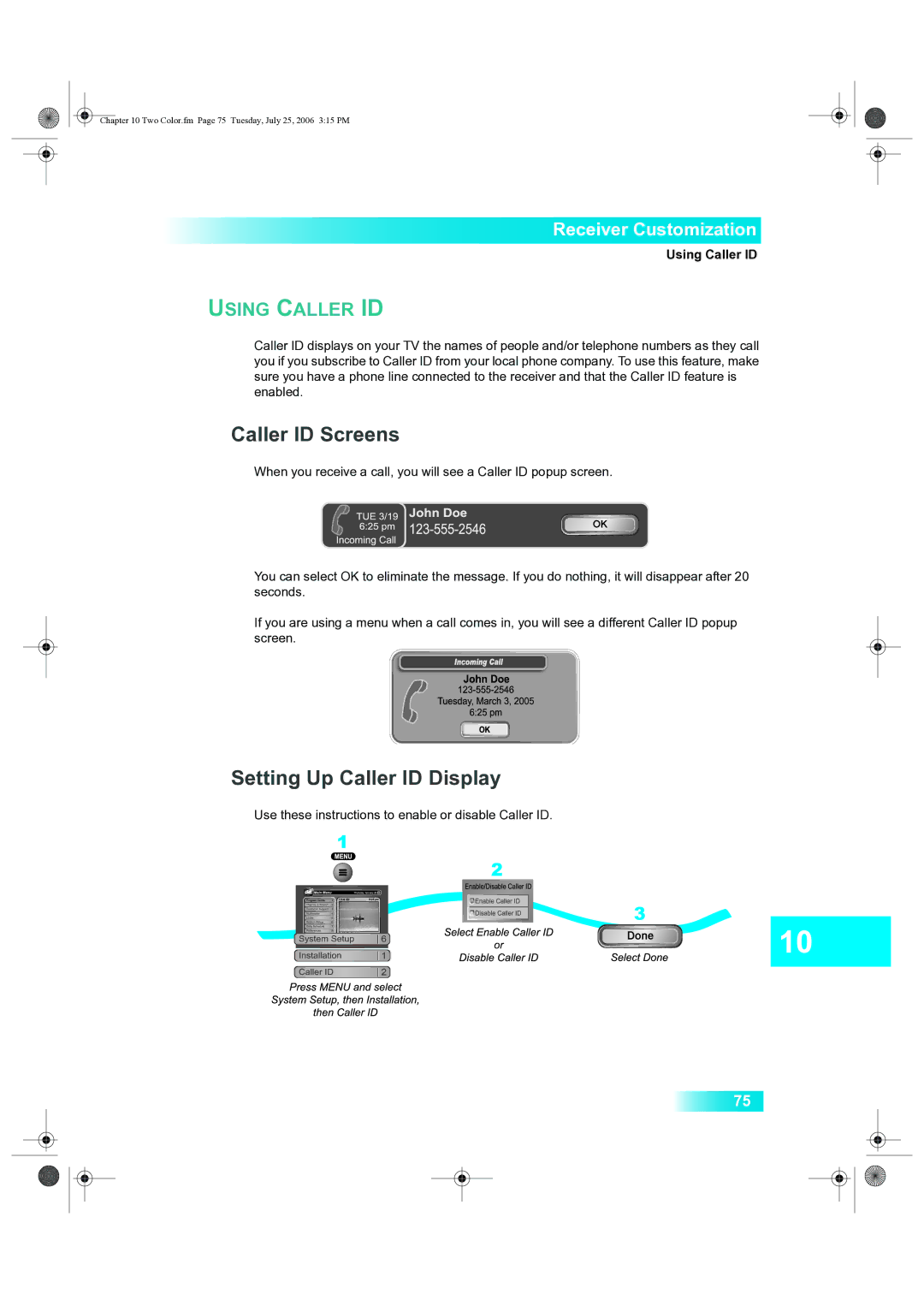 Dish Network 222 manual Caller ID Screens, Setting Up Caller ID Display, Using Caller ID 