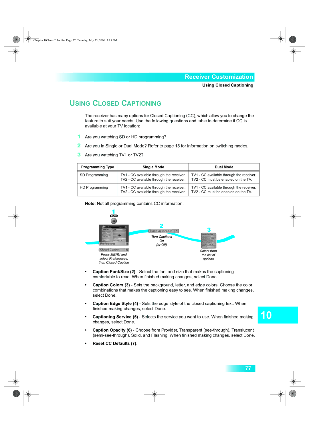 Dish Network 222 manual Using Closed Captioning, Reset CC Defaults 