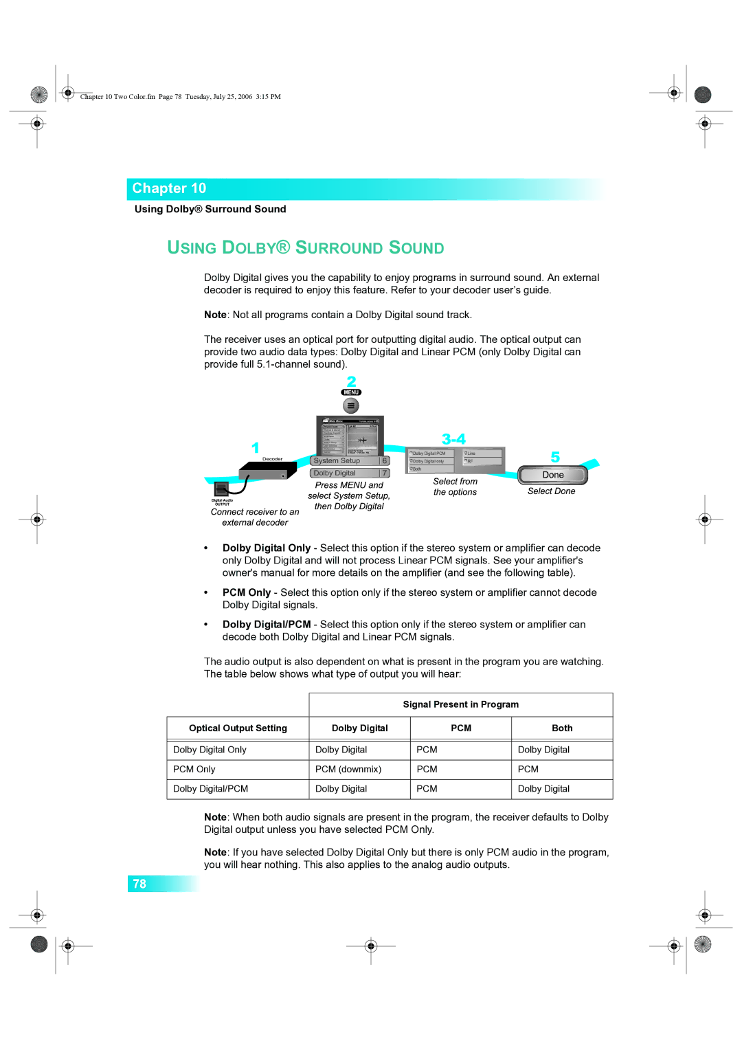 Dish Network 222 manual Using Dolby Surround Sound, Pcm 