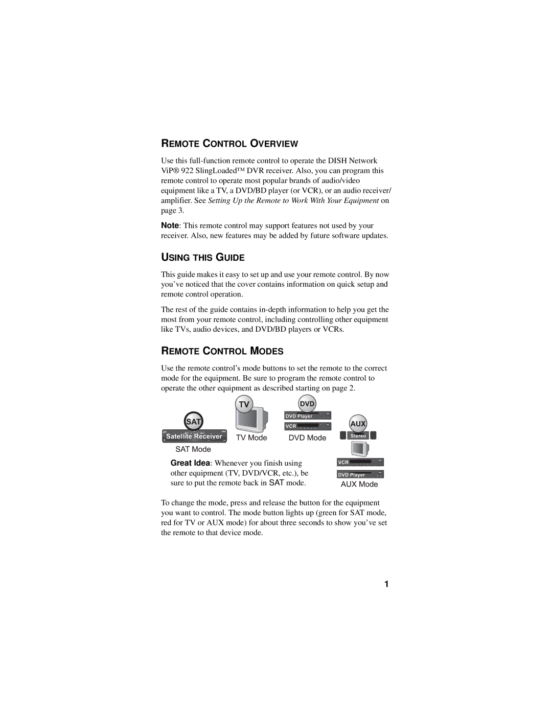 Dish Network 176842, 32.0 manual Remote Control Overview, Using this Guide, Remote Control Modes 