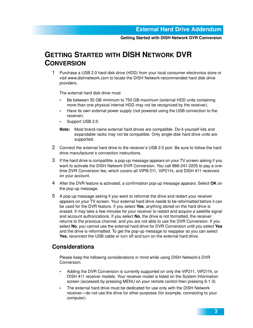 Dish Network 411 manual Considerations, Getting Started with Dish Network DVR Conversion 