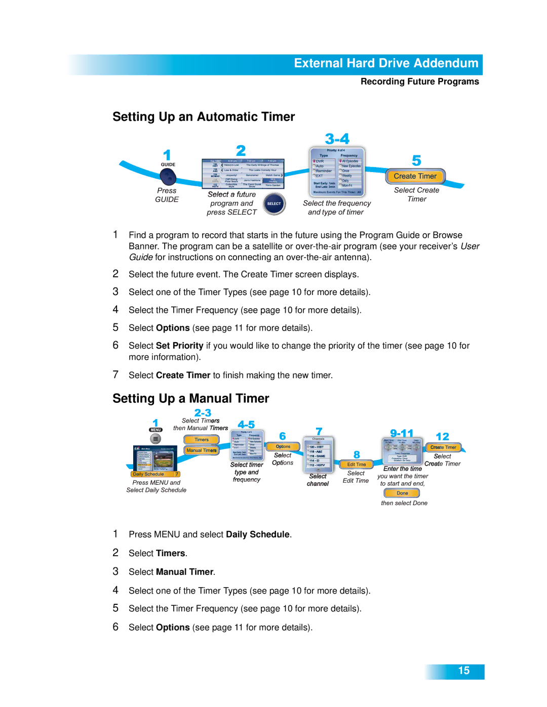 Dish Network 411 manual Setting Up an Automatic Timer, Setting Up a Manual Timer, Select Manual Timer 