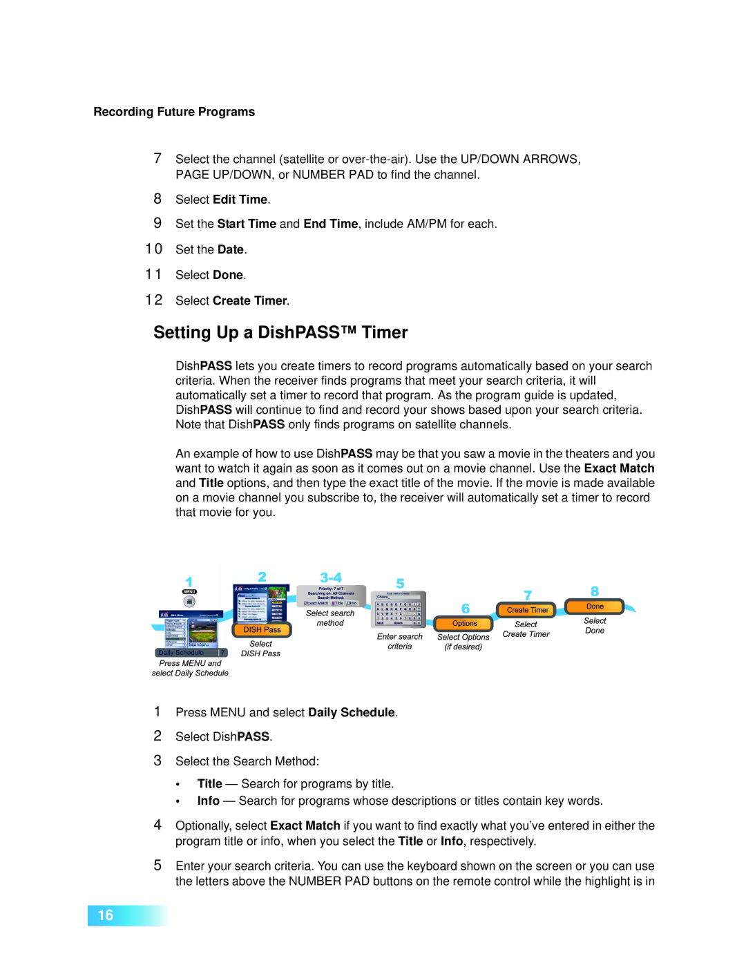 Dish Network 411 manual Setting Up a DishPASS Timer, Select Edit Time, Select Create Timer 