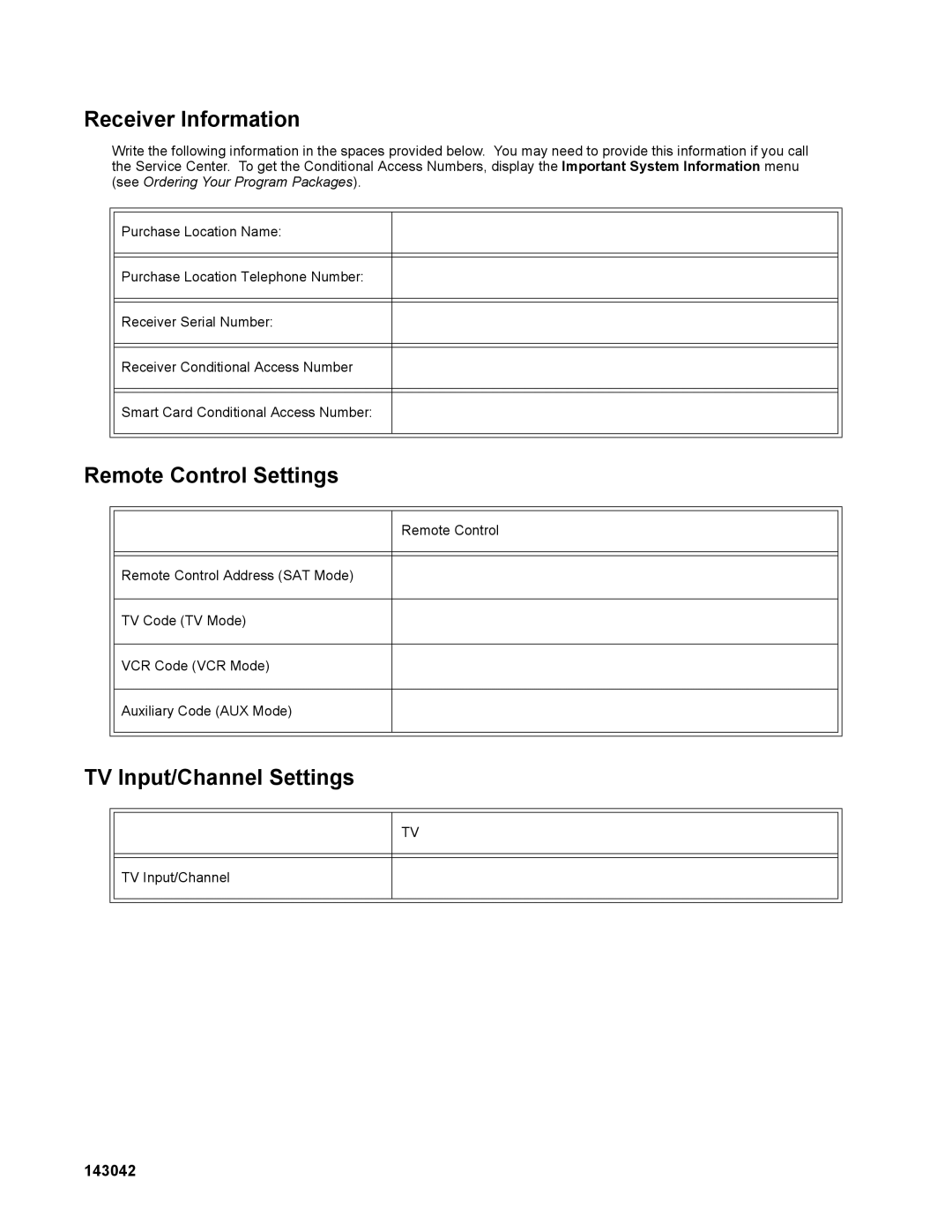 Dish Network 411 manual Receiver Information, Remote Control Settings, TV Input/Channel Settings, 143042 