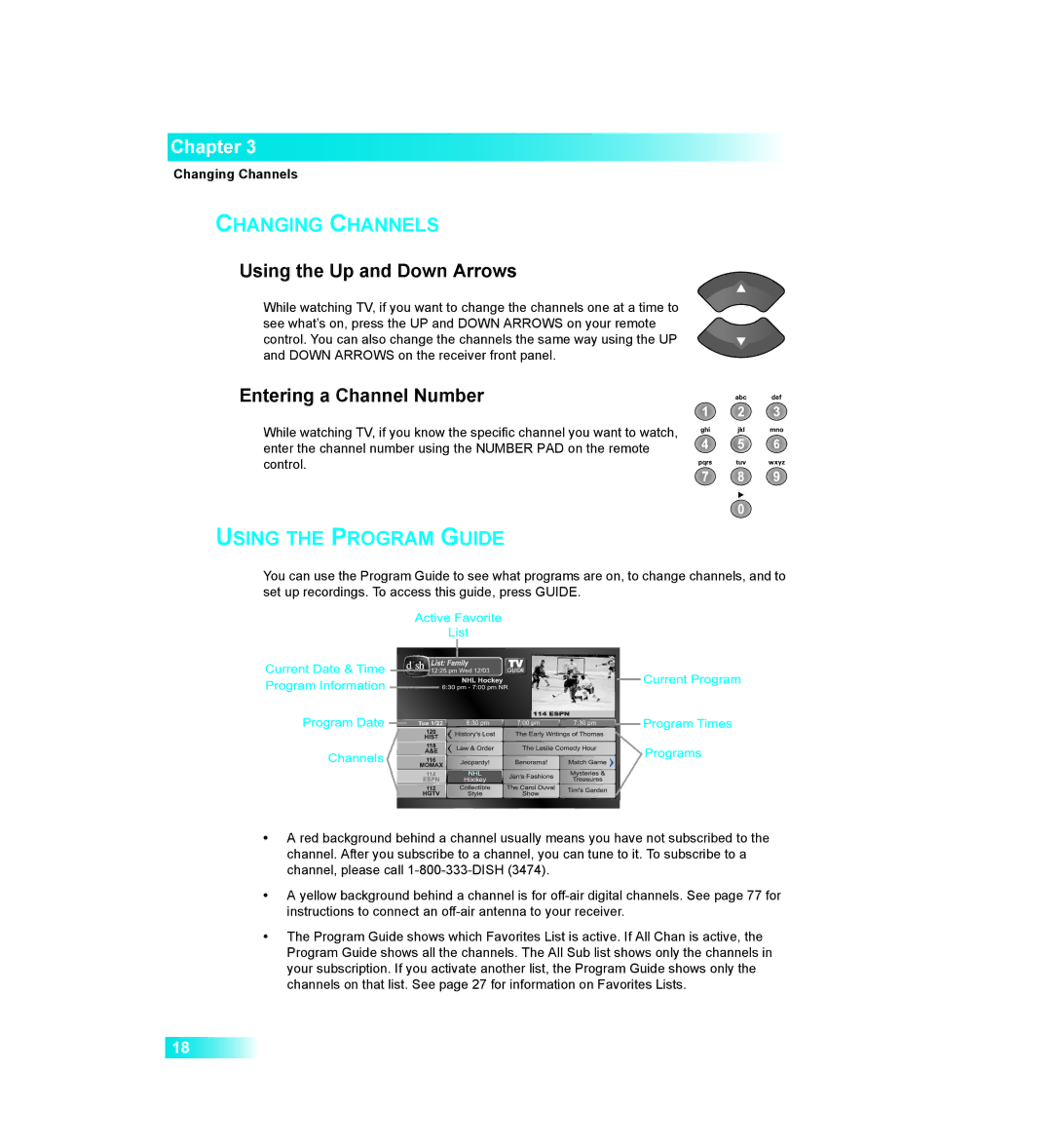 Dish Network 411 manual Using the Up and Down Arrows, Entering a Channel Number, Changing Channels 