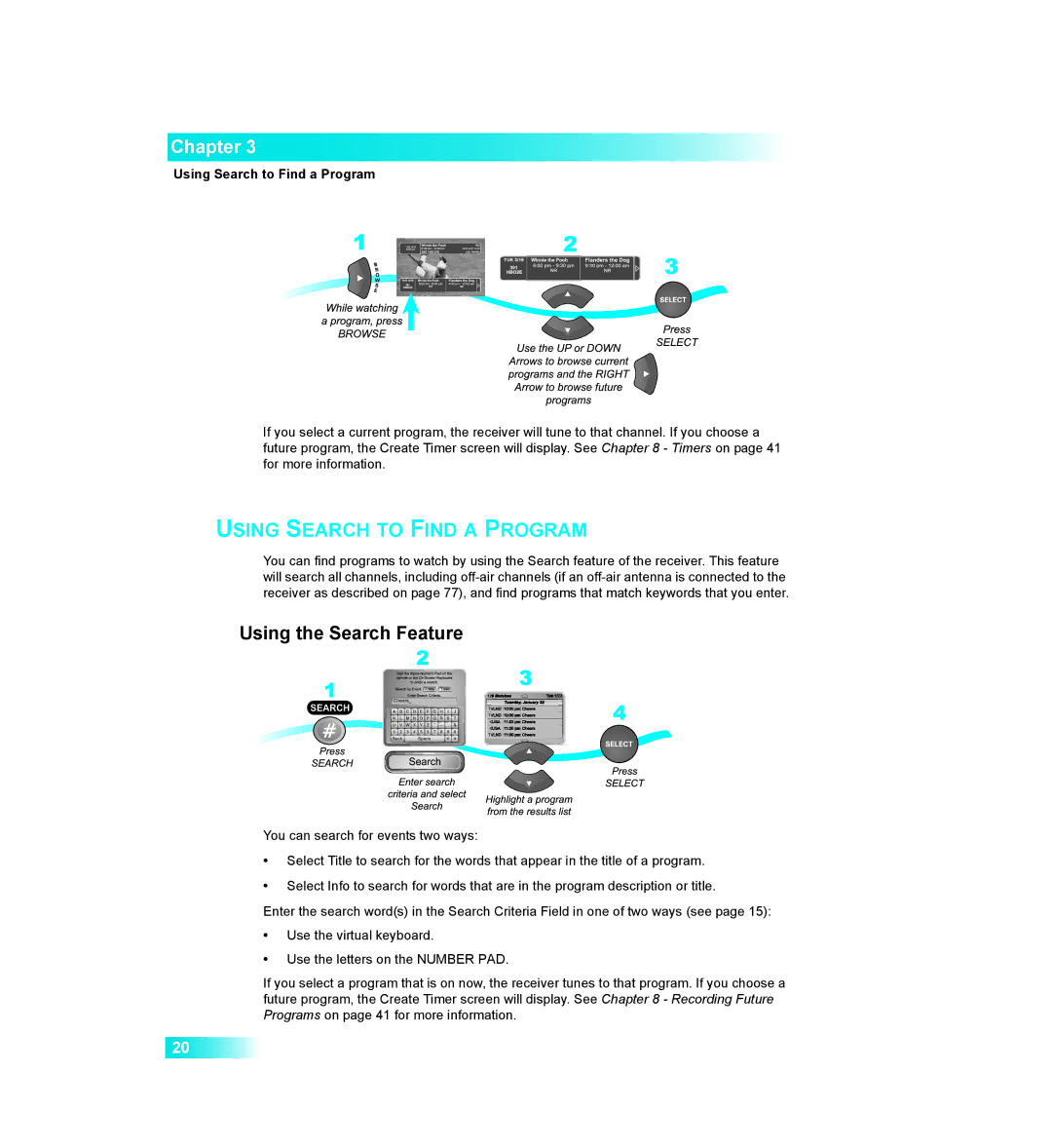 Dish Network 411 manual Using the Search Feature, Using Search to Find a Program 