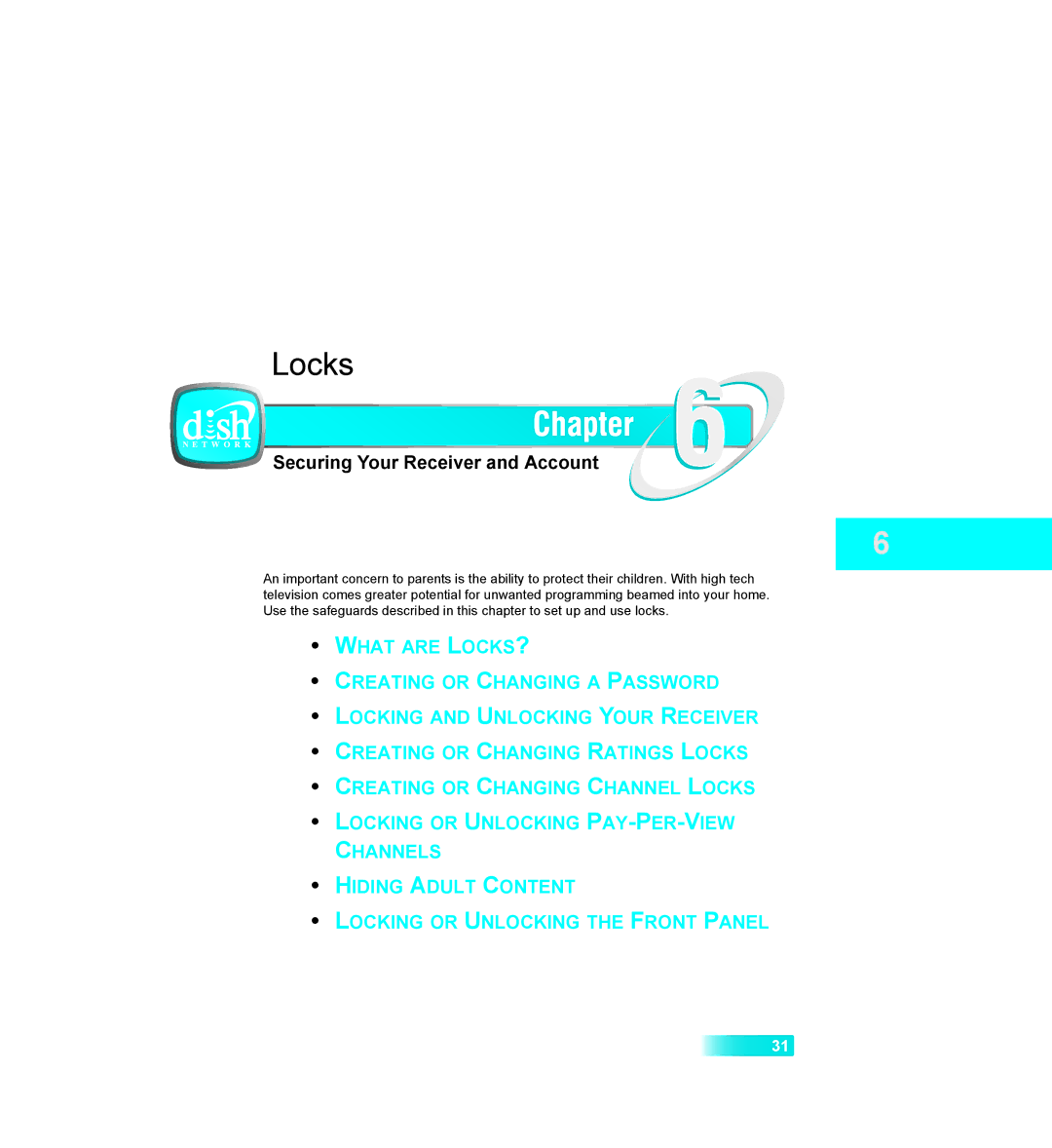 Dish Network 411 manual Locks, Securing Your Receiver and Account 