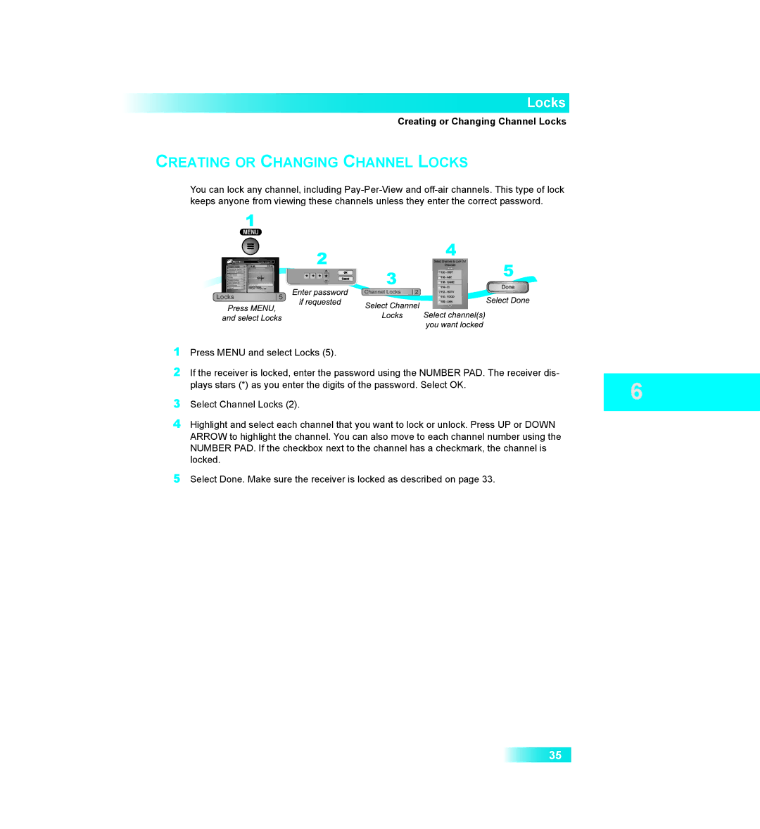 Dish Network 411 manual Creating or Changing Channel Locks 