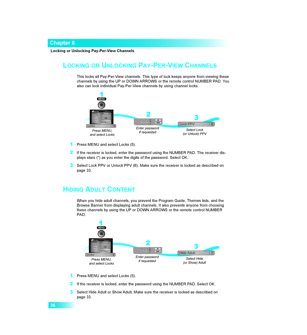 Dish Network 411 manual Locking or Unlocking Pay-Per-View Channels 