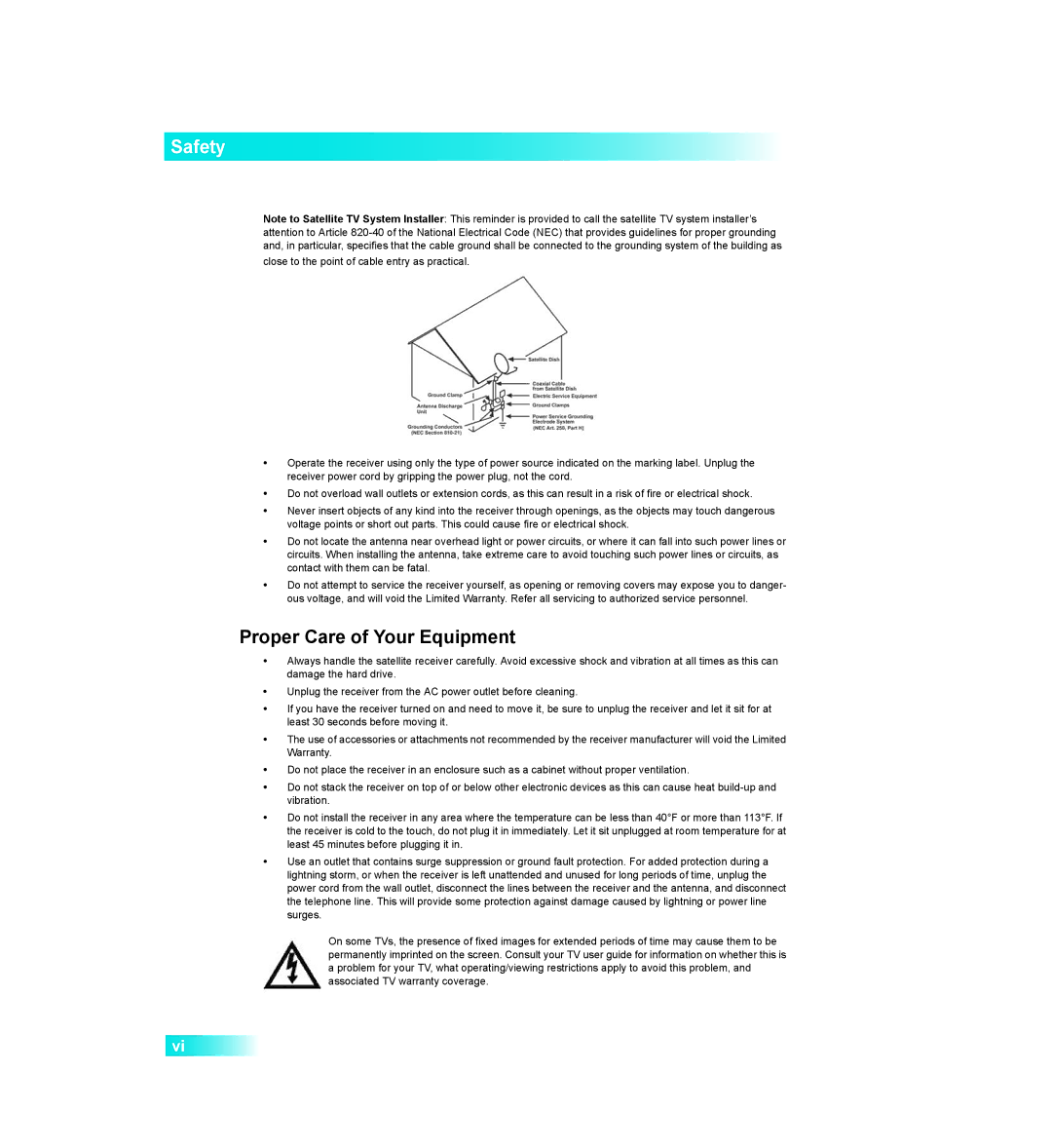 Dish Network 411 manual Safety, Proper Care of Your Equipment 