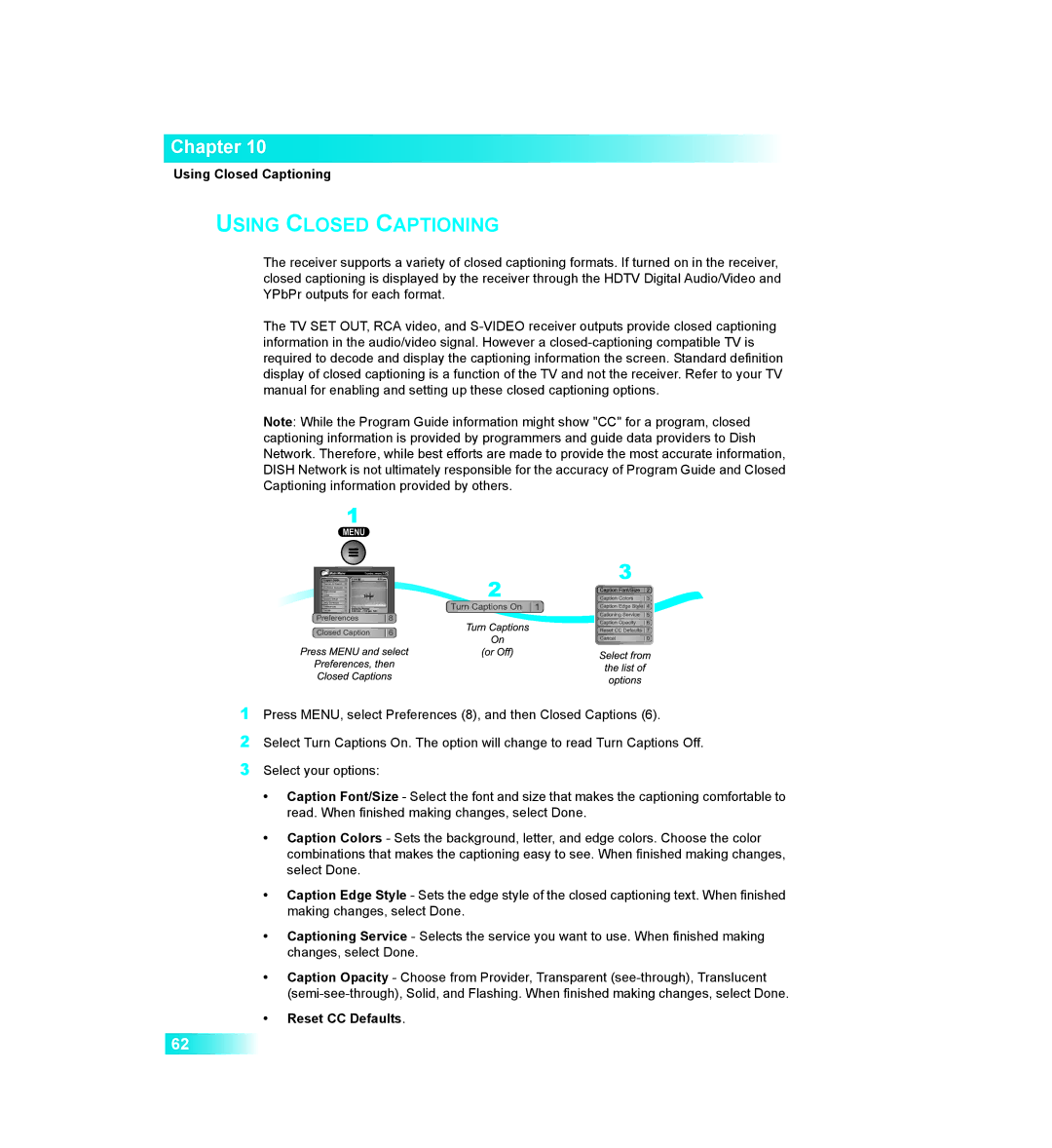 Dish Network 411 manual Using Closed Captioning, Reset CC Defaults 