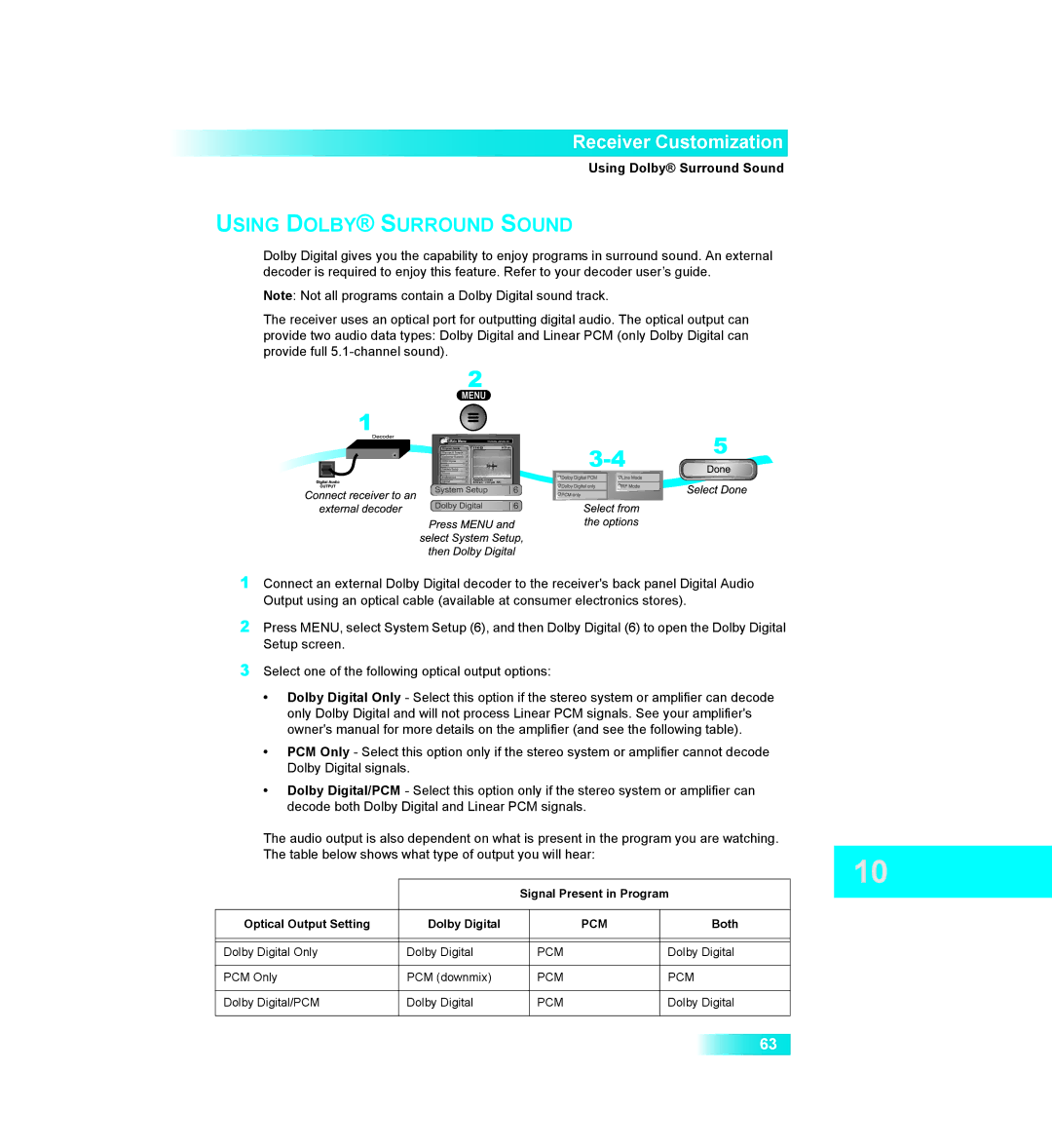 Dish Network 411 manual Using Dolby Surround Sound, Pcm 