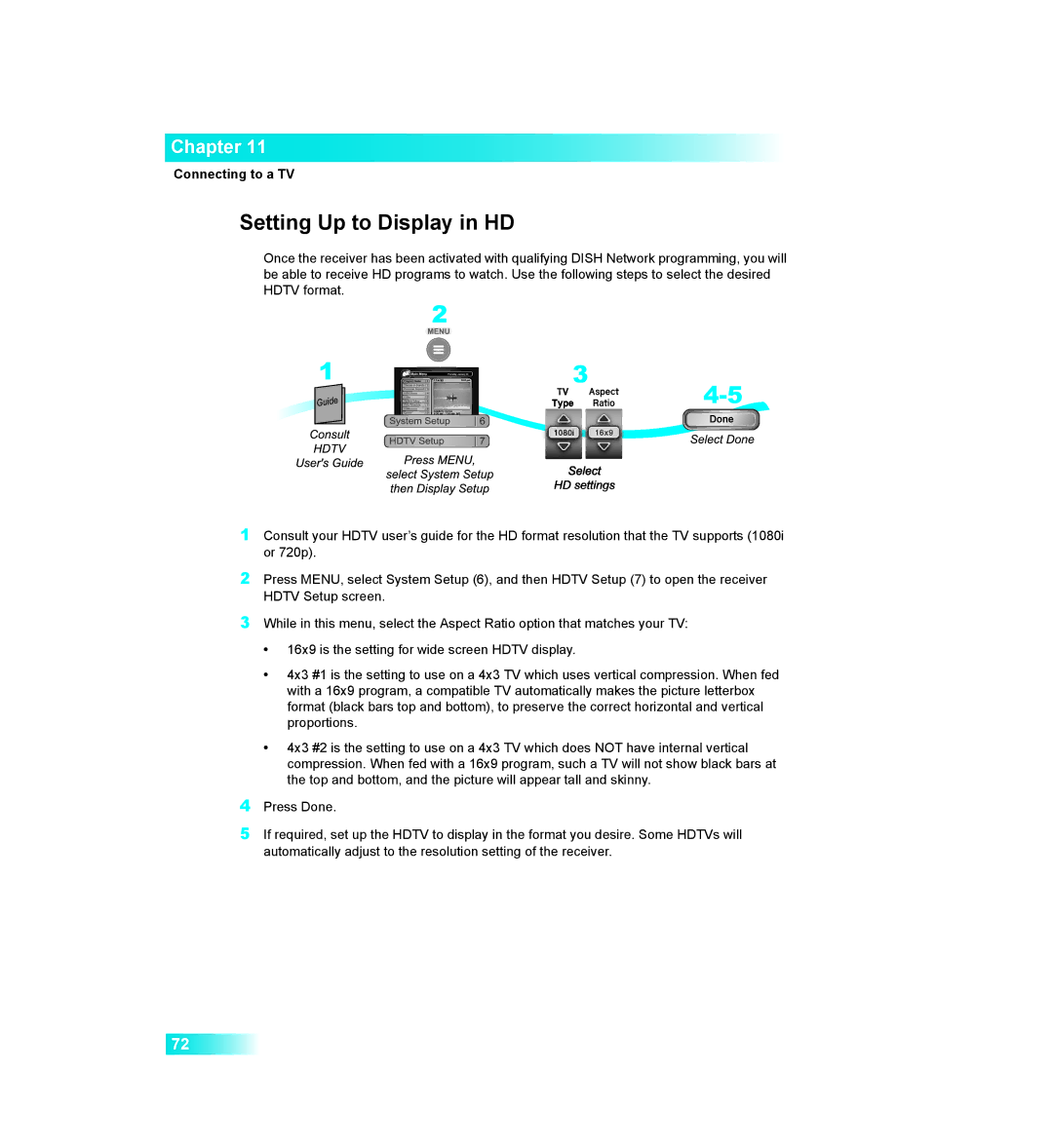 Dish Network 411 manual Setting Up to Display in HD 