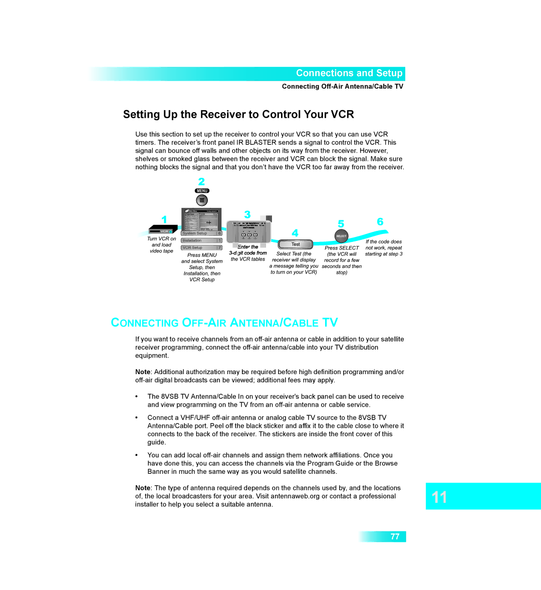 Dish Network 411 manual Setting Up the Receiver to Control Your VCR, Connecting Off-Air Antenna/Cable TV 