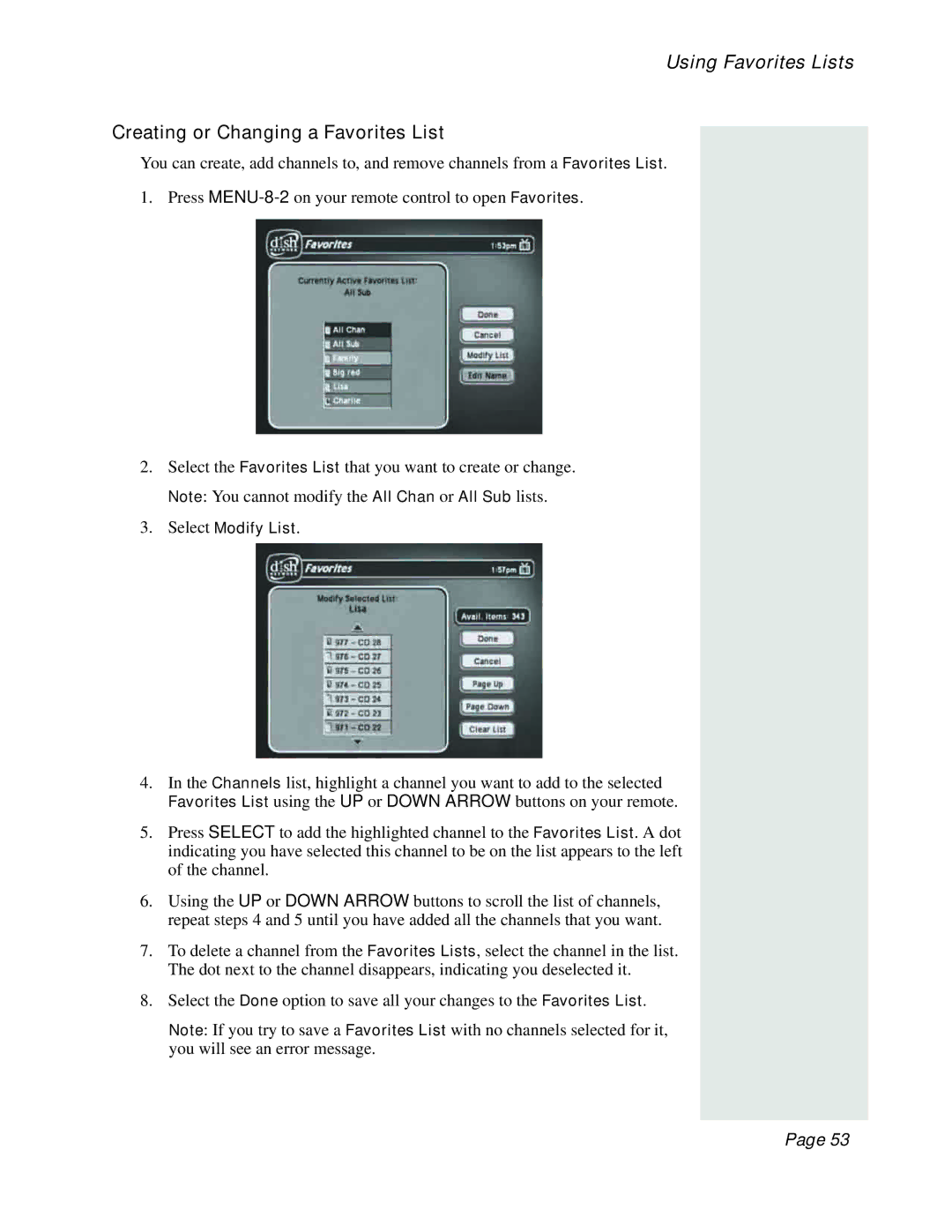 Dish Network 512 manual Using Favorites Lists, Creating or Changing a Favorites List 