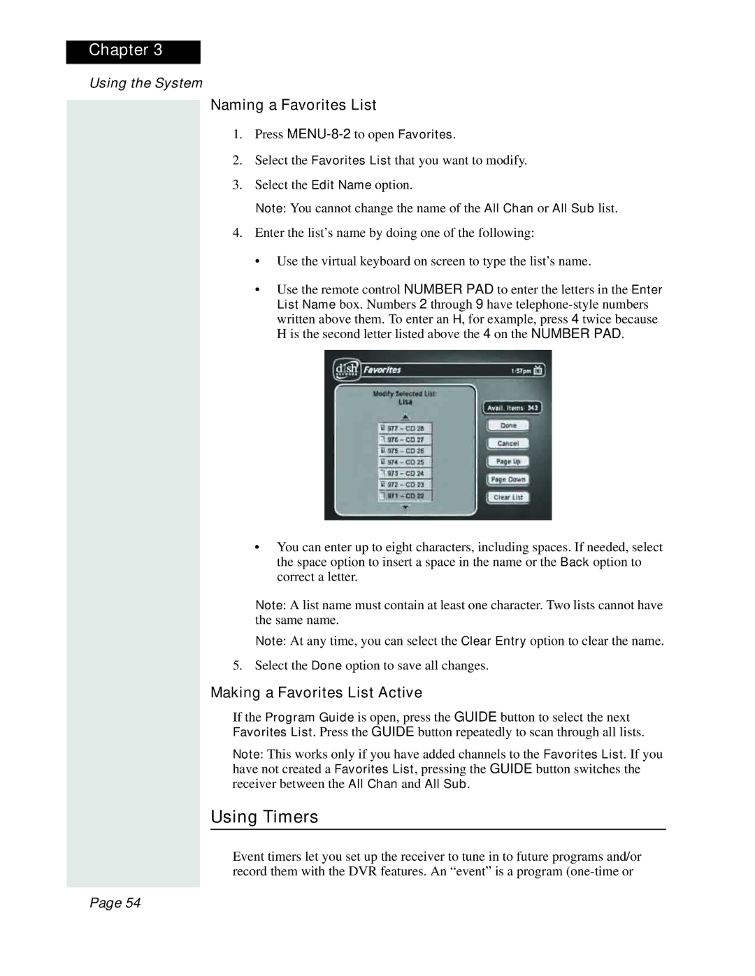 Dish Network 512 manual Using Timers, Naming a Favorites List, Making a Favorites List Active 