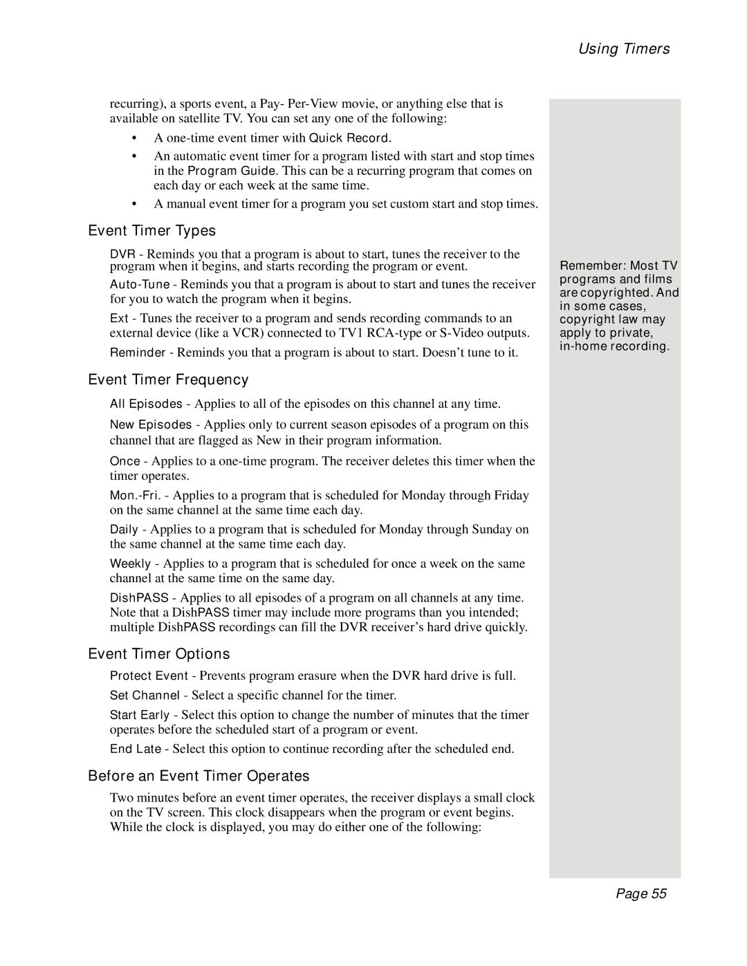 Dish Network 512 manual Event Timer Types, Event Timer Frequency, Event Timer Options, Before an Event Timer Operates 