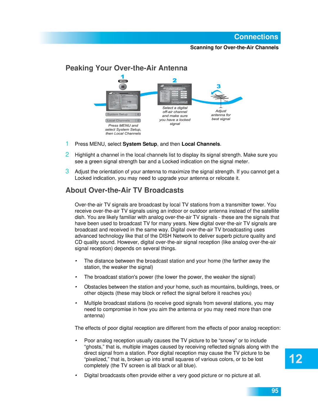 Dish Network 612 important safety instructions Peaking Your Over-the-Air Antenna, About Over-the-Air TV Broadcasts 