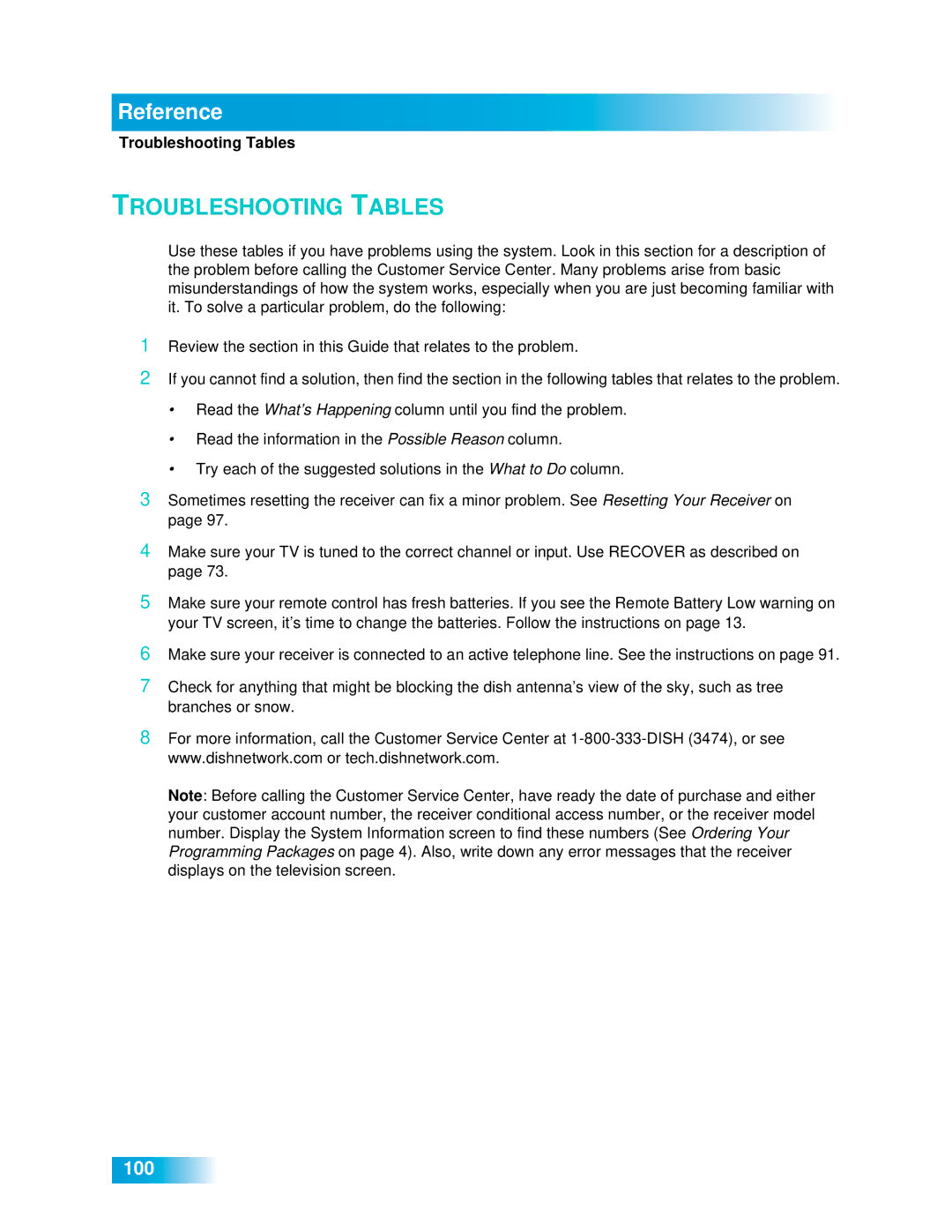 Dish Network 612 important safety instructions Reference, Troubleshooting Tables 