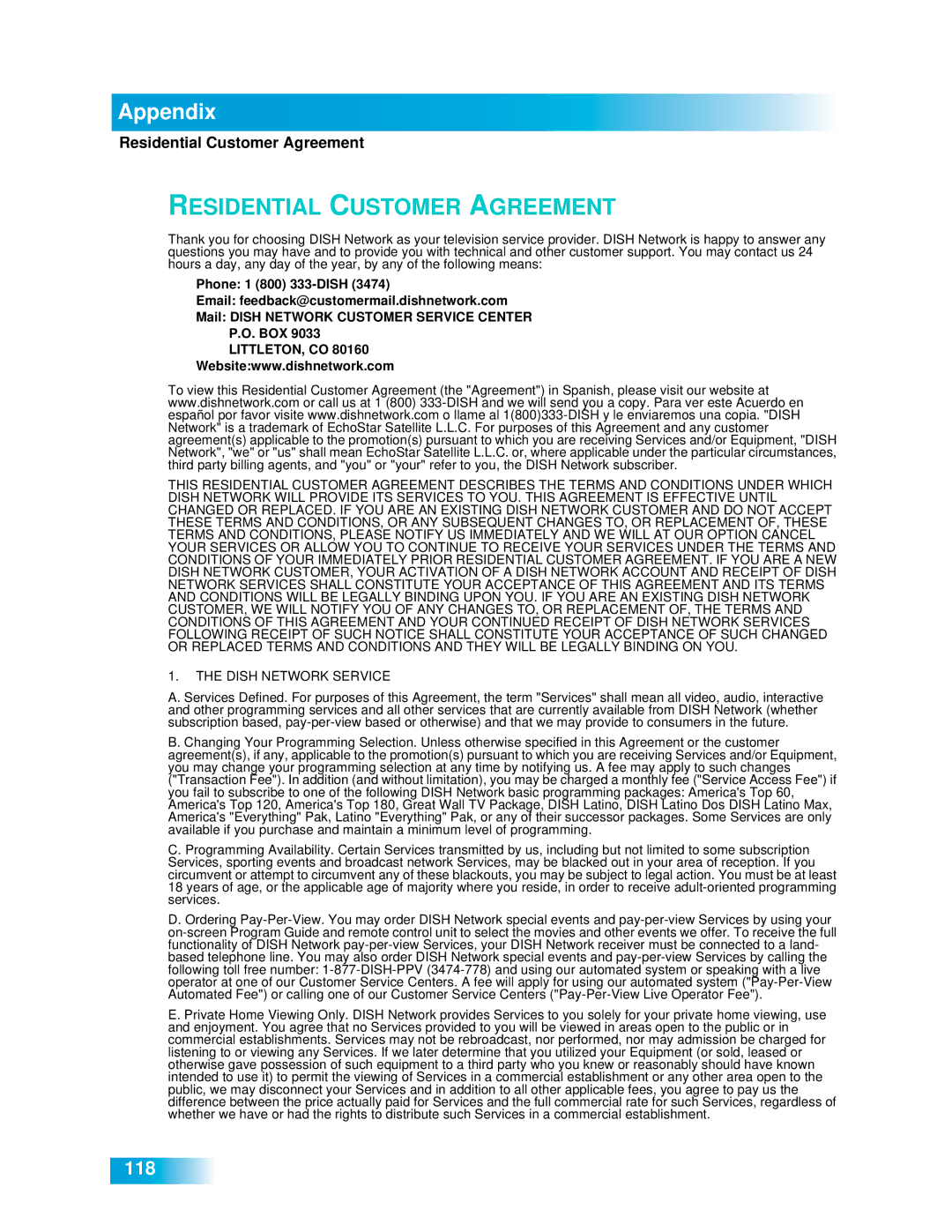 Dish Network 612 important safety instructions Residential Customer Agreement, Littleton, Co 