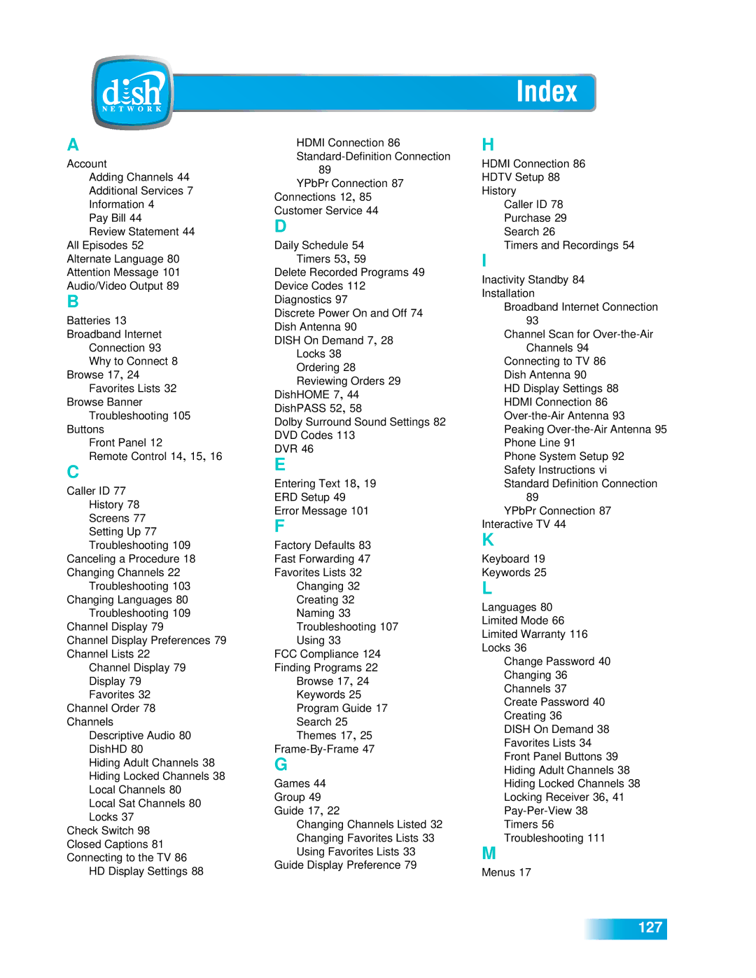 Dish Network 612 important safety instructions Index 