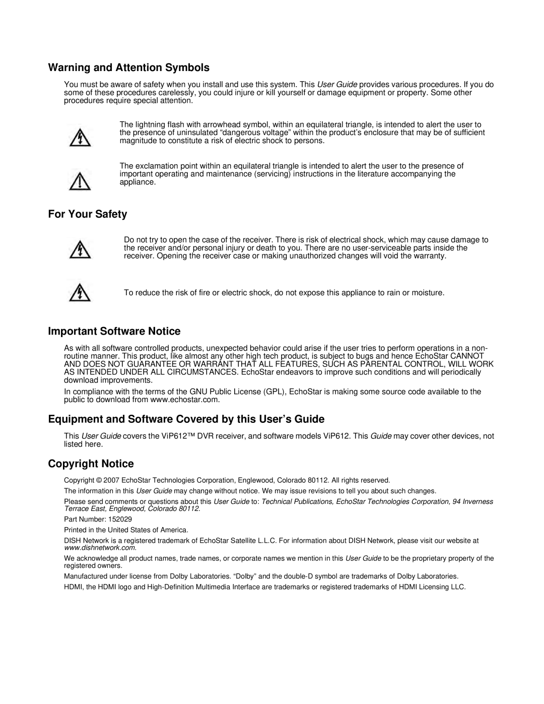 Dish Network 612 important safety instructions For Your Safety 