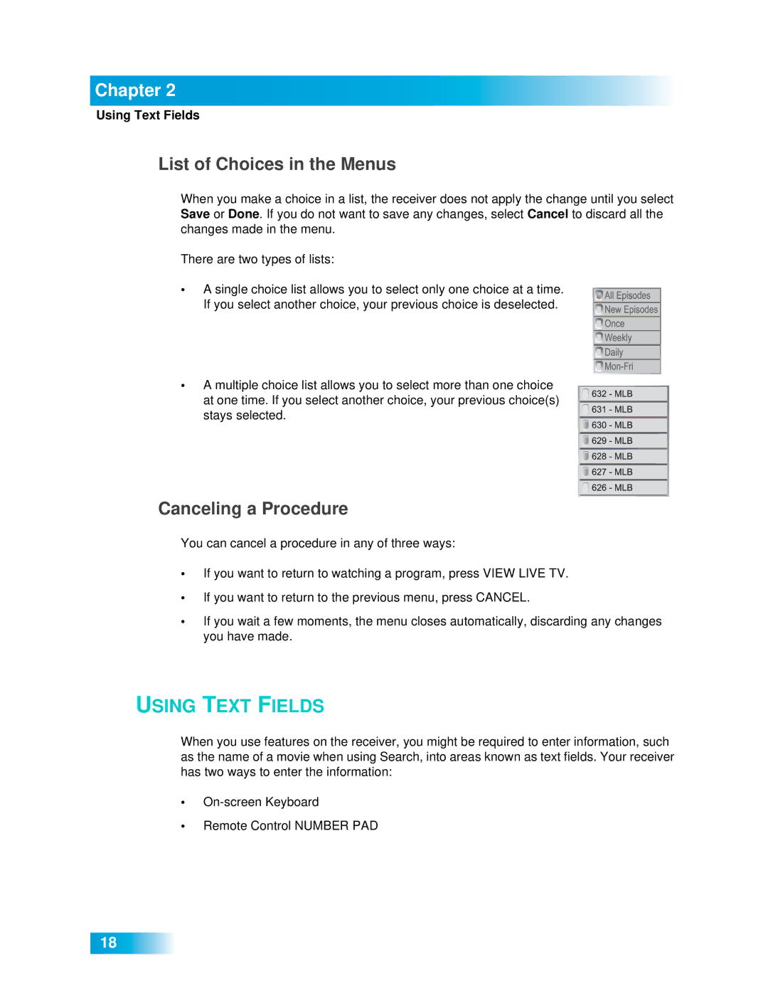 Dish Network 612 important safety instructions List of Choices in the Menus, Canceling a Procedure, Using Text Fields 