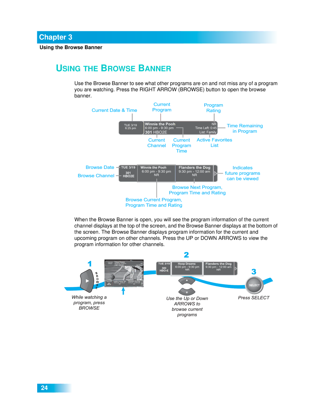 Dish Network 612 important safety instructions Using the Browse Banner 