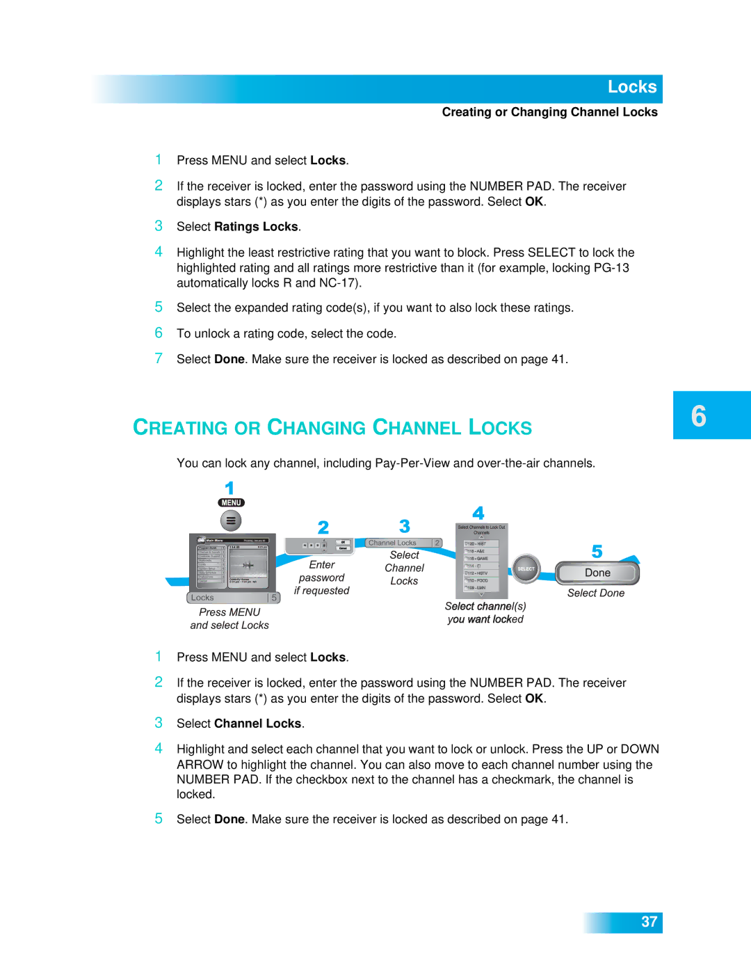 Dish Network 612 Creating or Changing Channel Locks, Select Ratings Locks, Select Channel Locks 