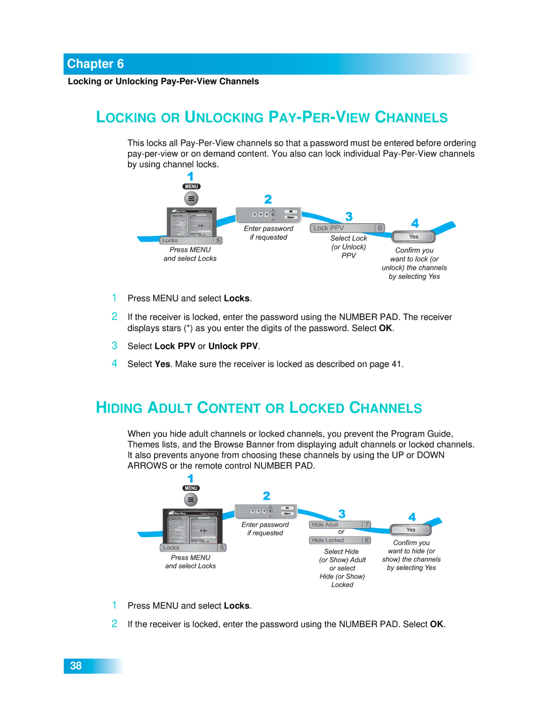 Dish Network 612 important safety instructions Locking or Unlocking Pay-Per-View Channels, Select Lock PPV or Unlock PPV 