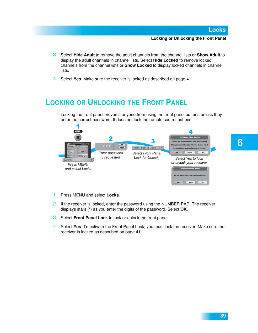 Dish Network 612 important safety instructions Locking or Unlocking the Front Panel 