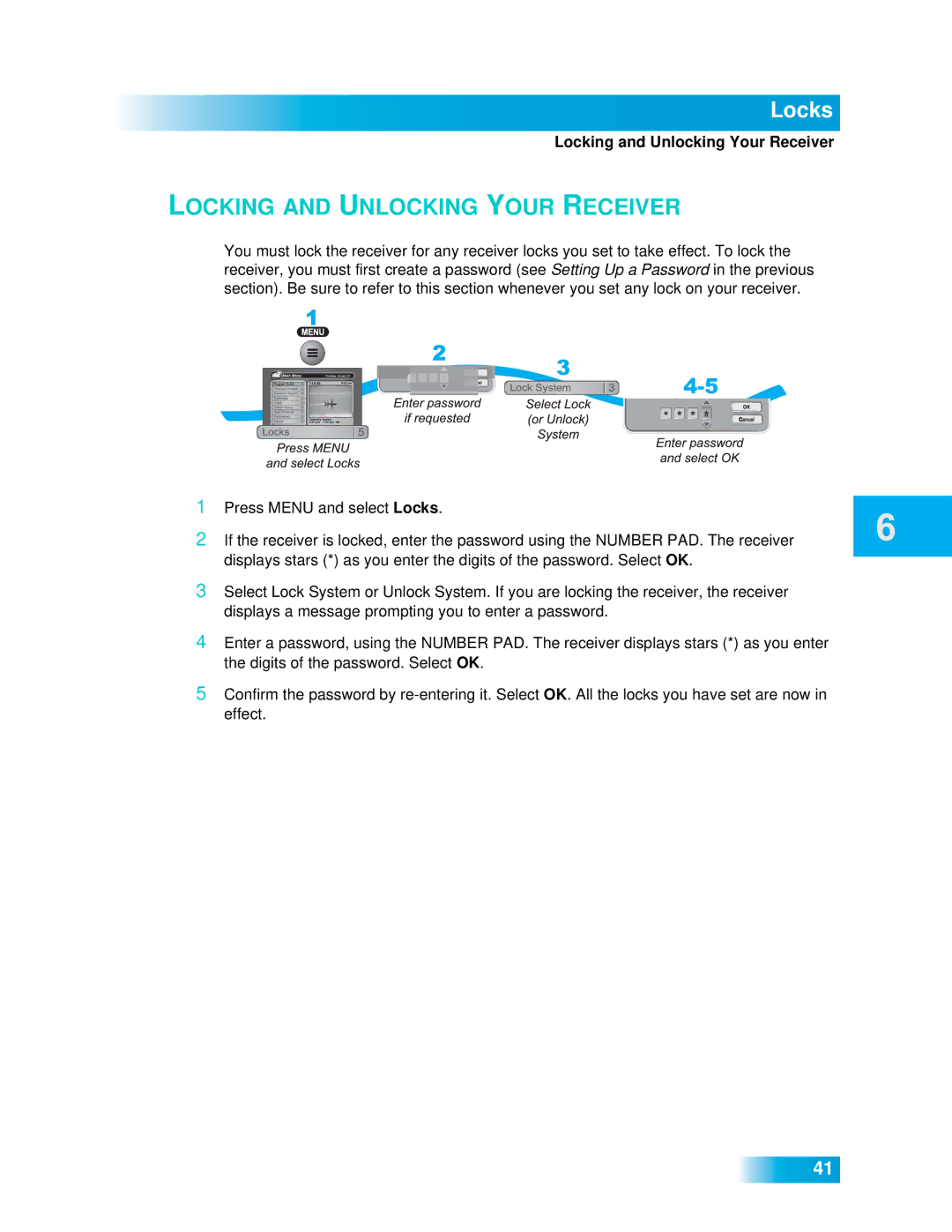 Dish Network 612 important safety instructions Locking and Unlocking Your Receiver 