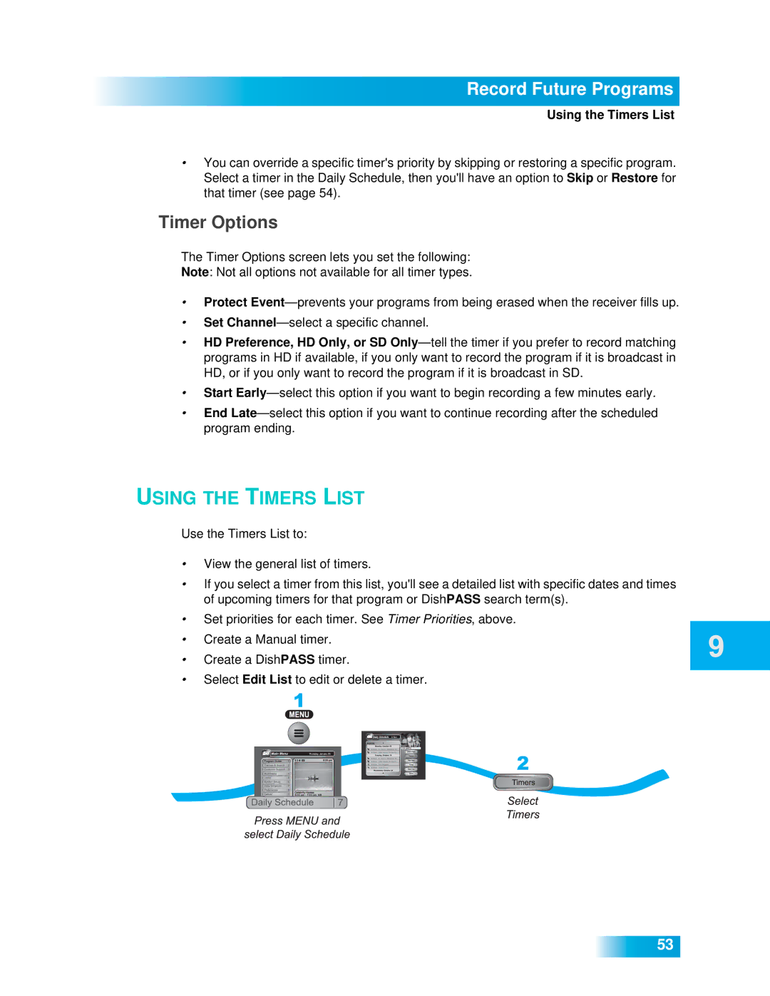 Dish Network 612 important safety instructions Record Future Programs, Timer Options, Using the Timers List 