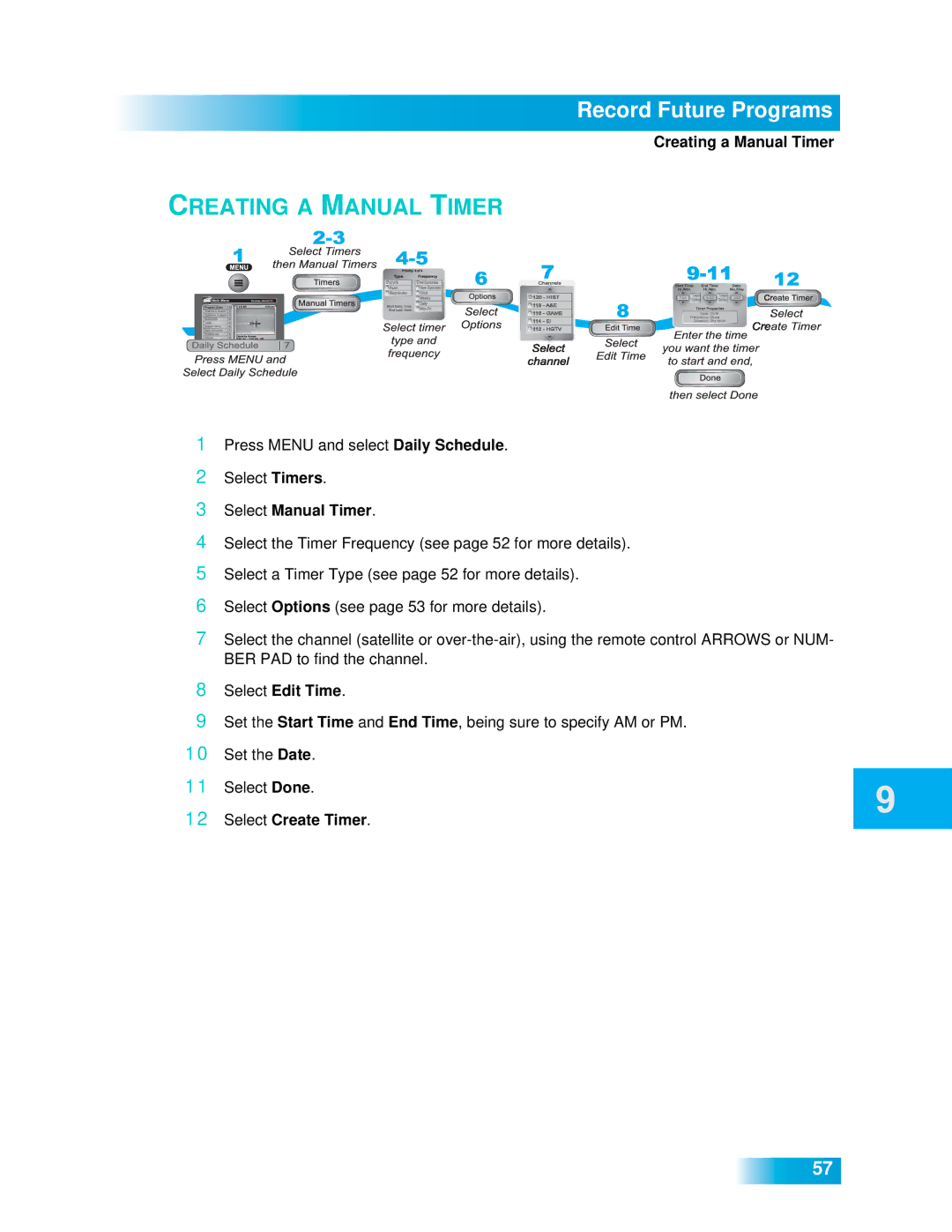 Dish Network 612 Creating a Manual Timer, Select Manual Timer, Select Edit Time, Select Create Timer 