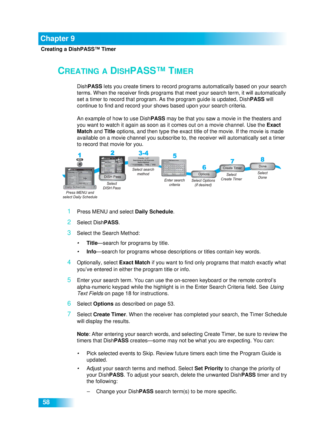 Dish Network 612 important safety instructions Creating a Dishpass Timer, Creating a DishPASS Timer 