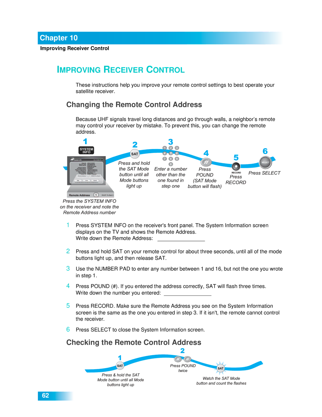 Dish Network 612 Improving Receiver Control, Changing the Remote Control Address, Checking the Remote Control Address 