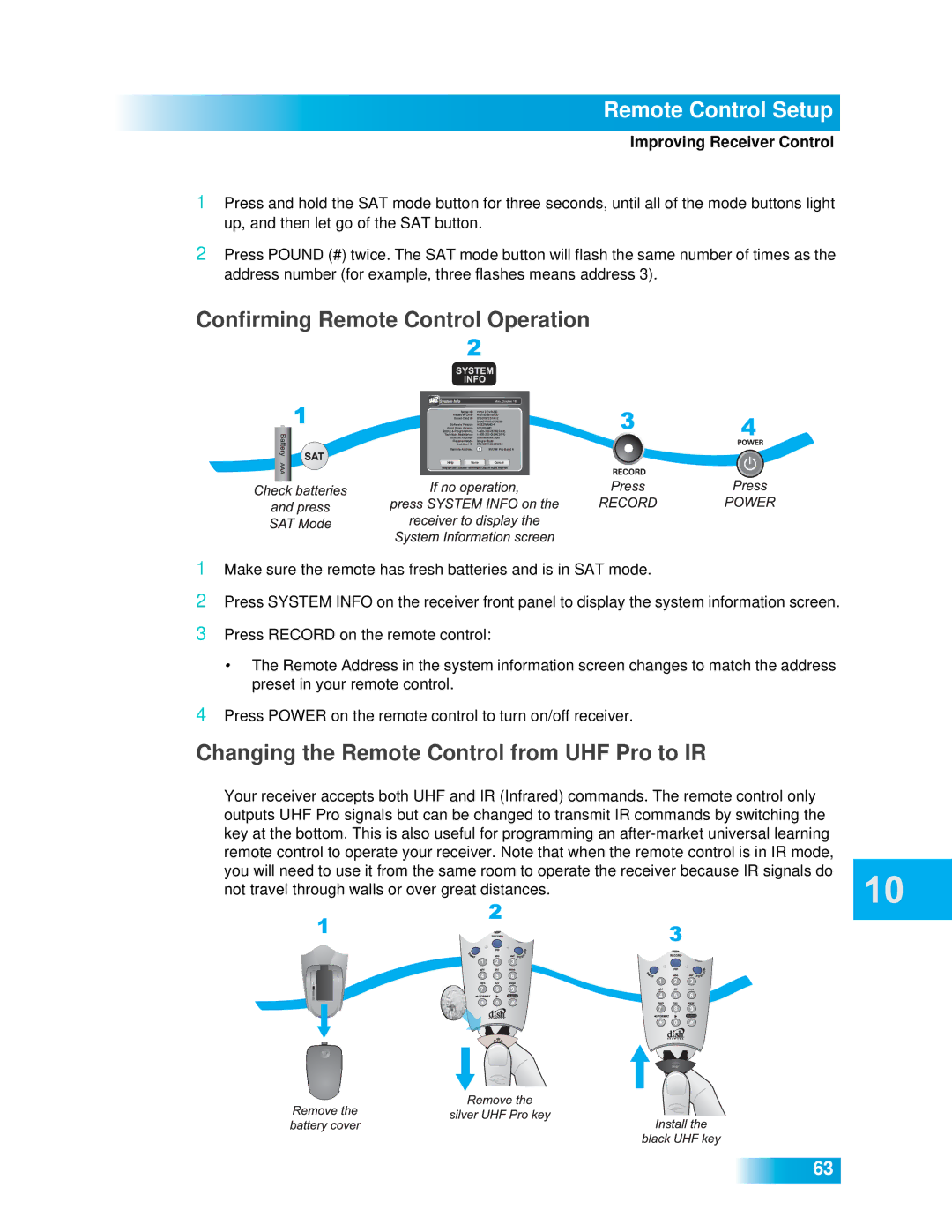 Dish Network 612 Remote Control Setup, Confirming Remote Control Operation, Changing the Remote Control from UHF Pro to IR 