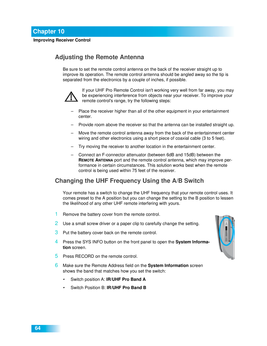 Dish Network 612 Adjusting the Remote Antenna, Changing the UHF Frequency Using the A/B Switch 