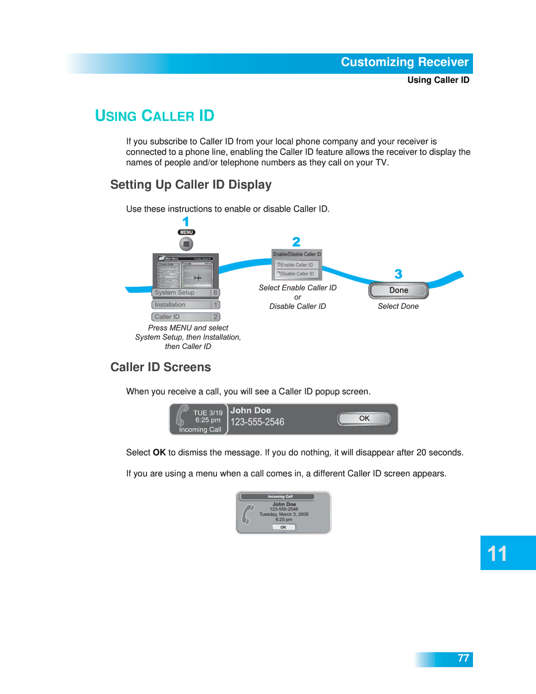 Dish Network 612 Customizing Receiver, Setting Up Caller ID Display, Caller ID Screens, Using Caller ID 