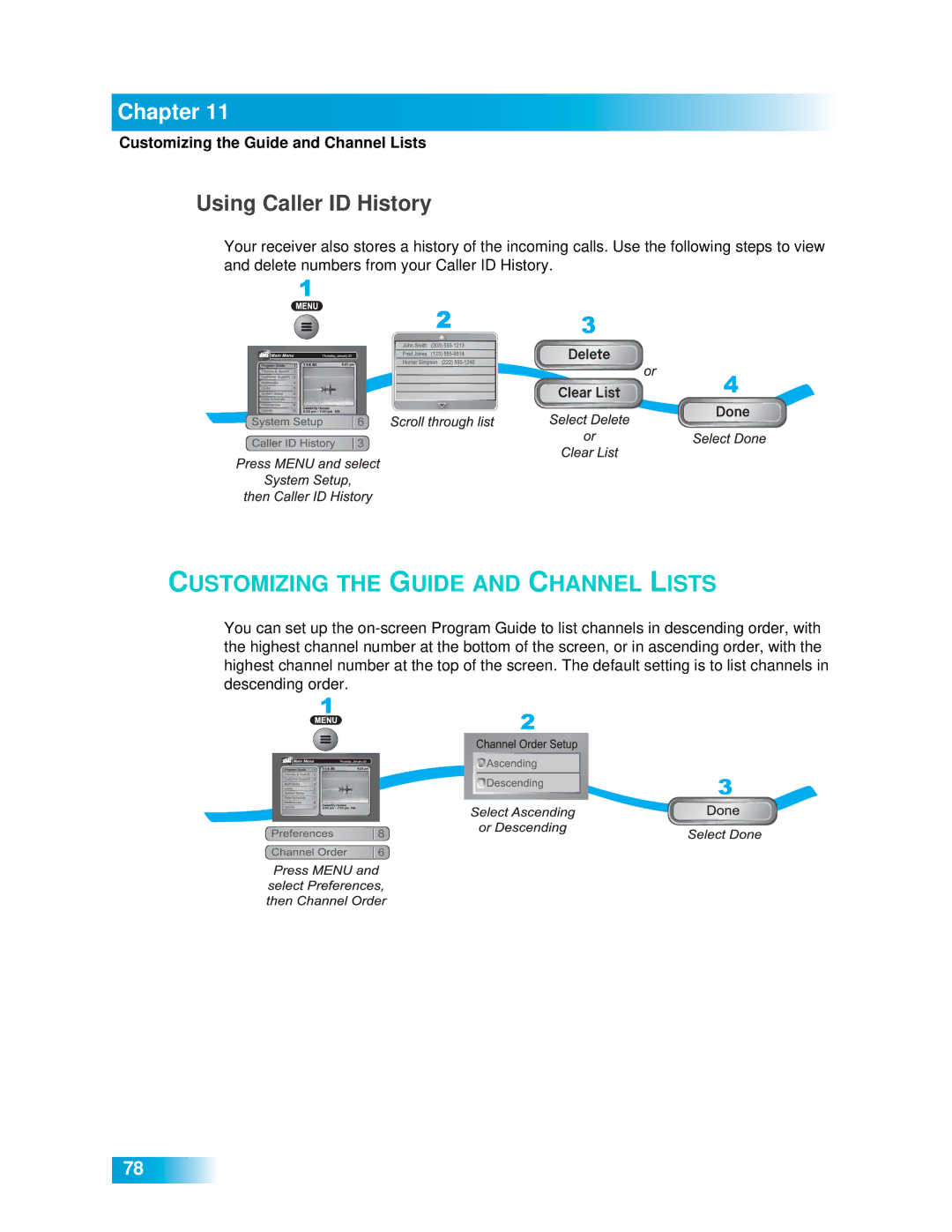 Dish Network 612 important safety instructions Using Caller ID History, Customizing the Guide and Channel Lists 