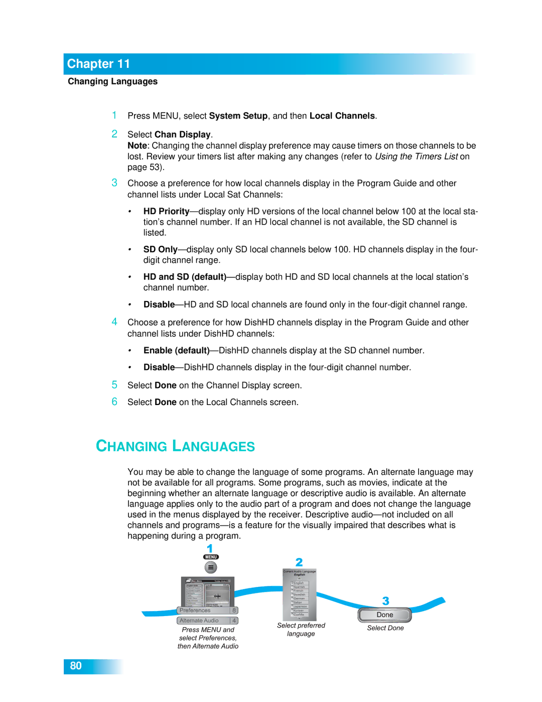 Dish Network 612 important safety instructions Changing Languages, Select Chan Display 