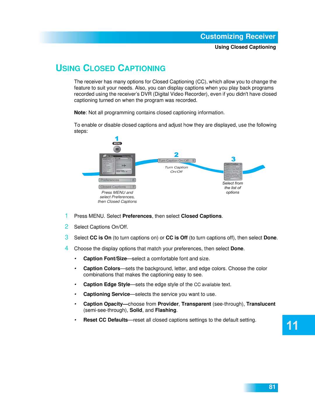 Dish Network 612 important safety instructions Using Closed Captioning 